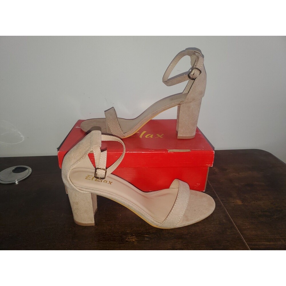 ELElax Heels for Women Open Toe Ankle Strap Chunky Heel Sandals, Nude Size 9b(M)